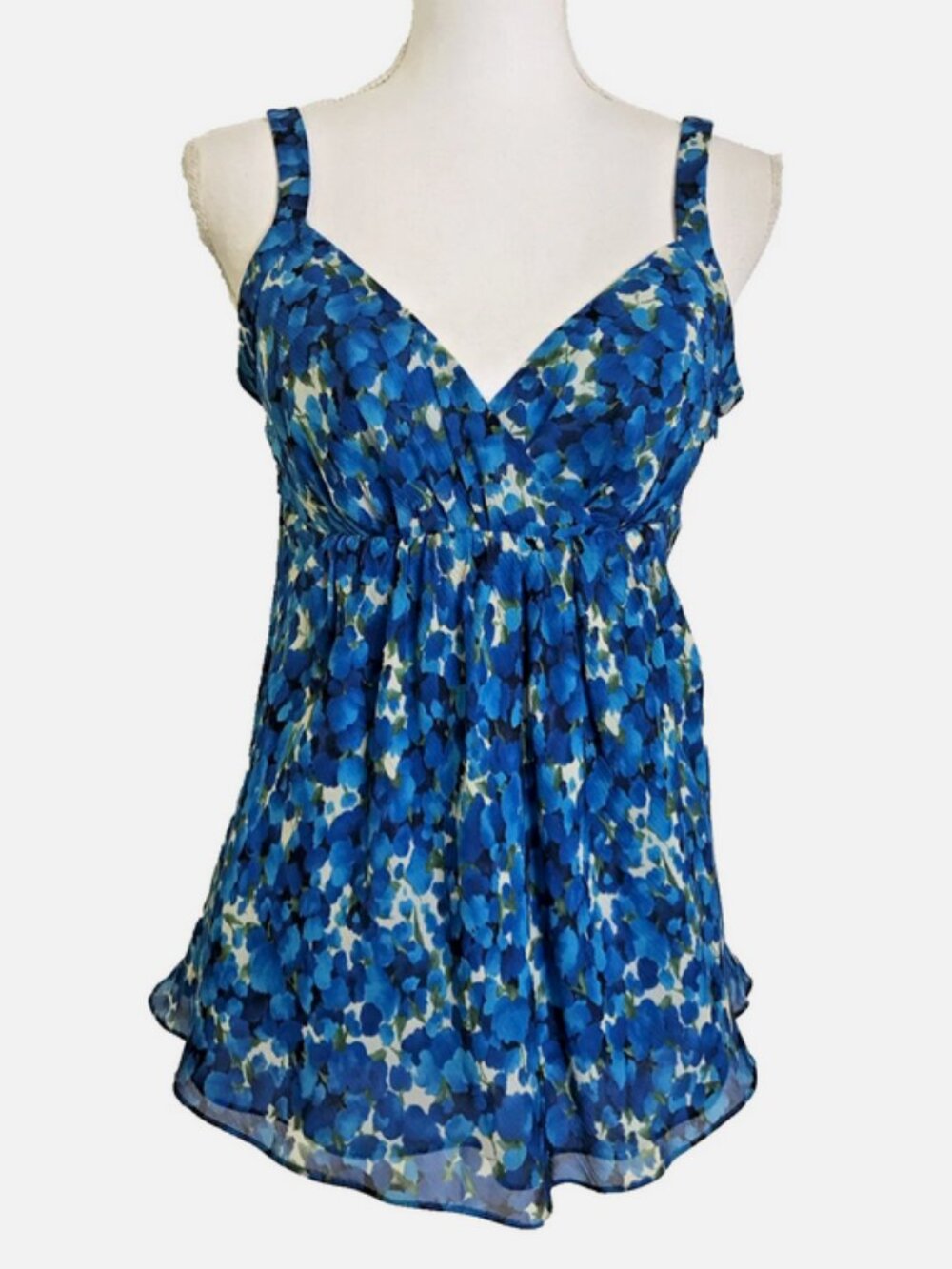 Anne Klein Blue Floral Silk Chiffon Babydoll Tank NWT P/S Empire Waist